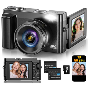 4K WiFi Vlogging Camera – 64MP Autofocus, Flip Screen, 16X Zoom, 32GB Card & 2 Batteries