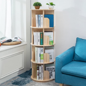 360° Rotating Wooden Bookshelf – 4 Tier Floor Standing Storage Rack for Kids & Adults