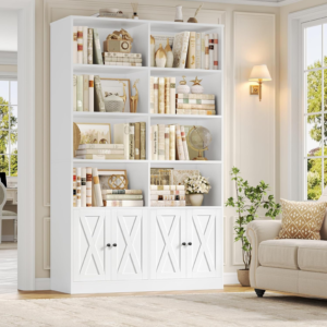 finetones-71-tall-bookshelf-with-doors-6-tier-double-wide-farmhouse-bookcase-white